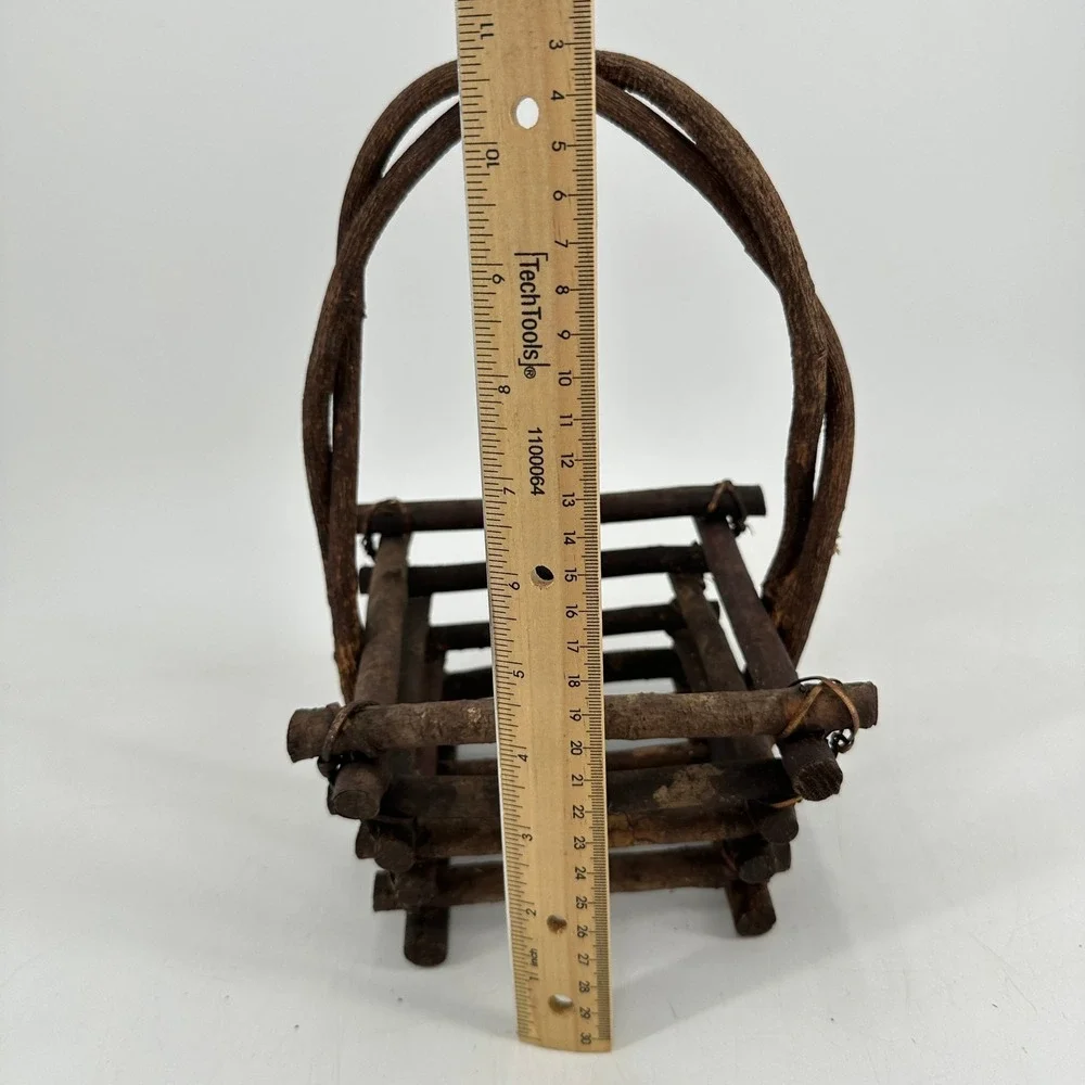 Rustic Twig Log Cabin Basket Grapevine Handle Natural Wood Primitive Decor Brown